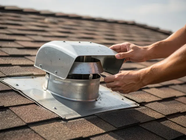 Simsbury Dryer Vent Cleaning certified technician safely cleaning a roof-mounted dryer vent in Simsbury