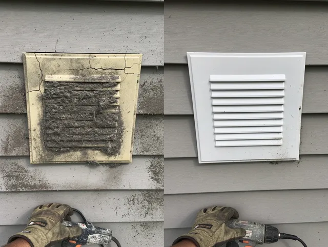 Simsbury Dryer Vent Cleaning technician installing high-quality dryer vent cover at a residential property in Simsbury
