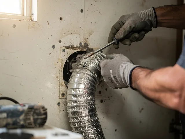 Simsbury Dryer Vent Cleaning technician performing precise dryer vent hose installation in Simsbury