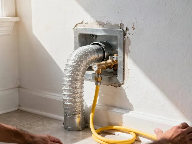 Simsbury Dryer Vent Cleaning certified technician performing specialized gas dryer vent cleaning in Simsbury